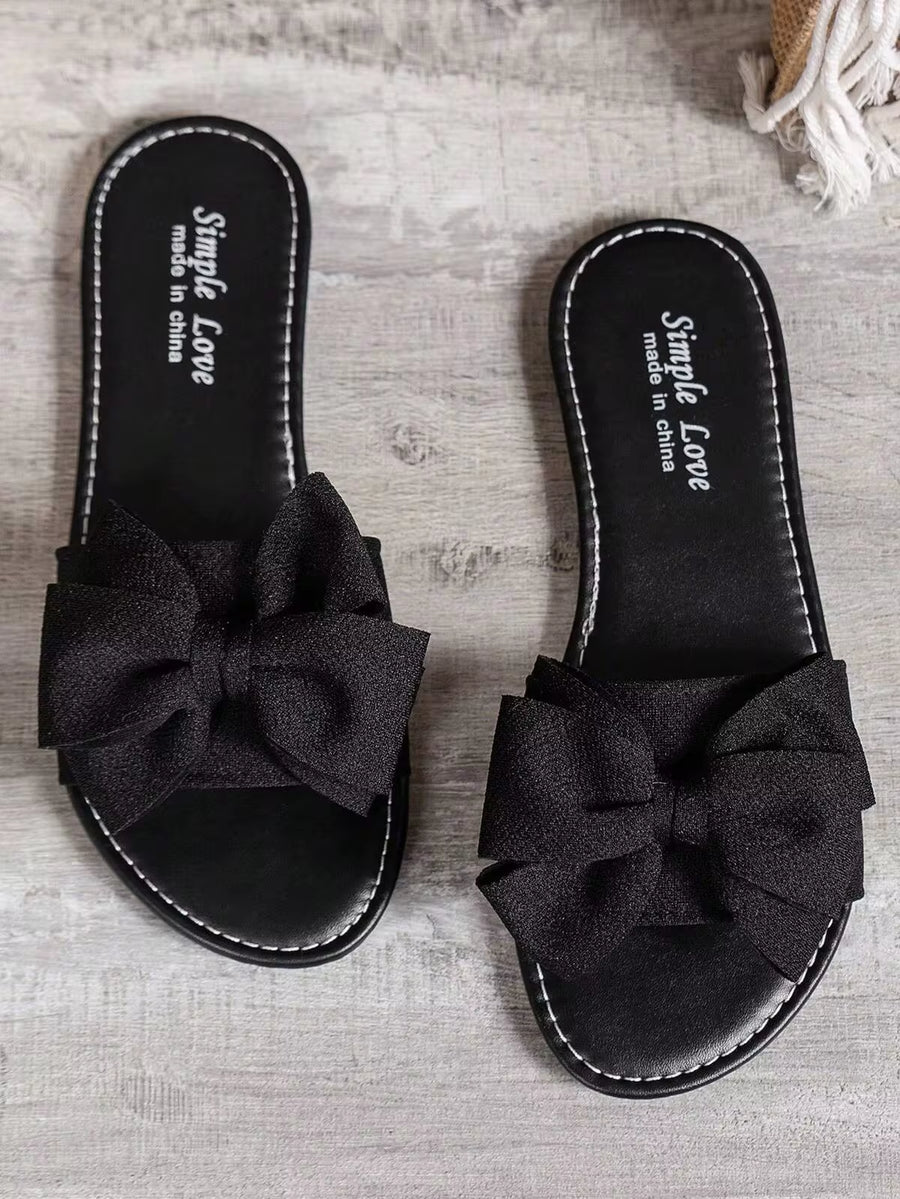 Women's Summer Bow Decor Comfy Sandals, Casual Open Toe Flat Slippers, Round Toe Woven Outdoor Beach Shoes