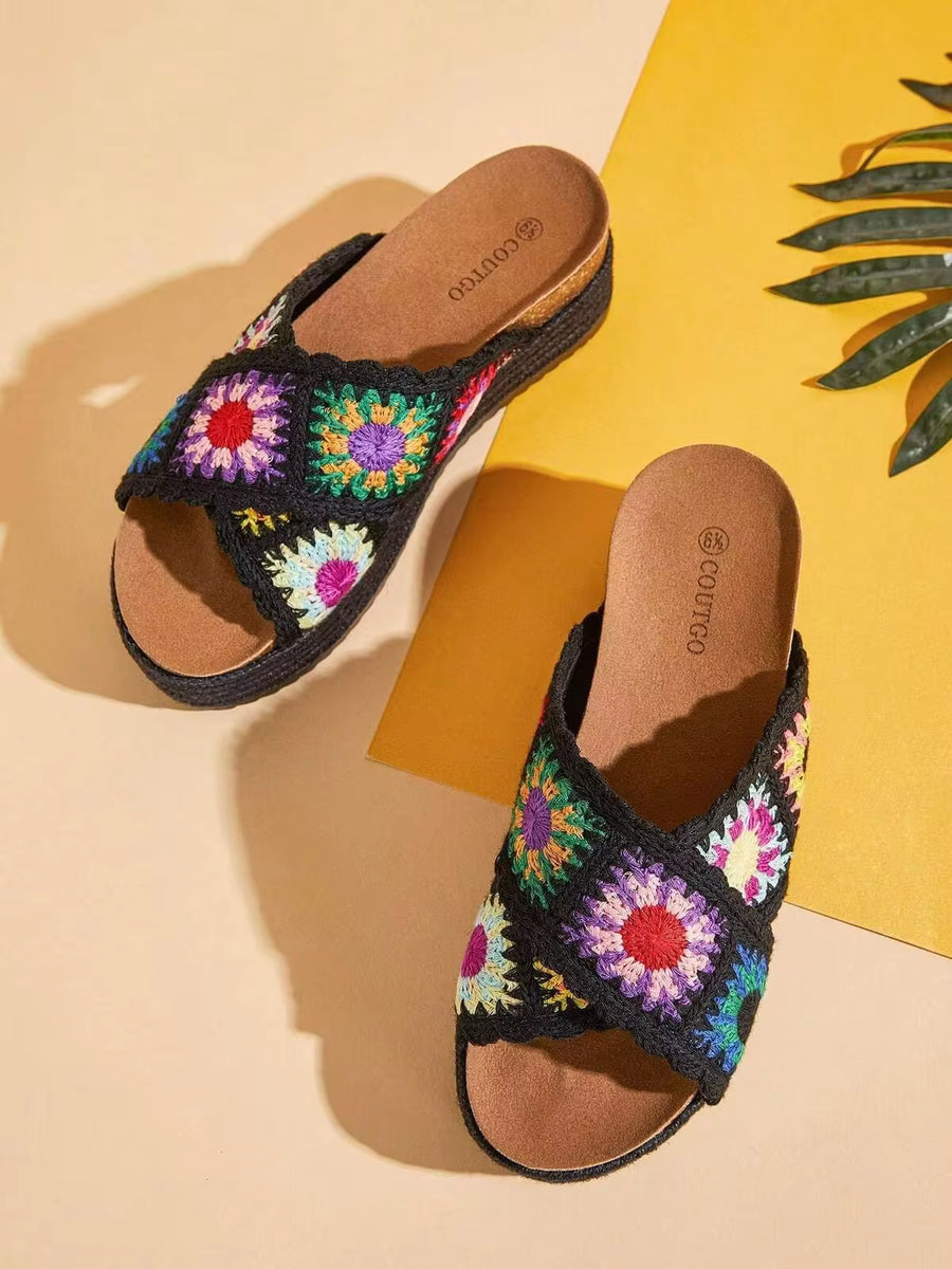 Women's Platform Espadrille Sandals With Floral Crochet Cork Sole For Walking, Beach And Daily Summer Wear Shoes Christmas Gift & New Year Gift