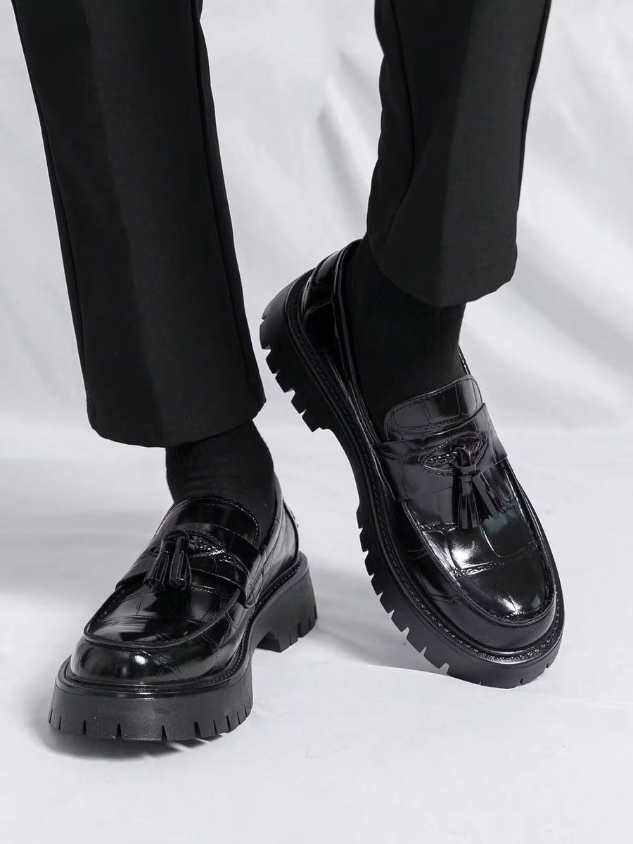 Men's Leather Printed Platform Slip-On Penny Loafers Fashion Round Toe Metal Decoration Non-Slip Lug Sole Business Dress Shoes For Driving OfficeParty
