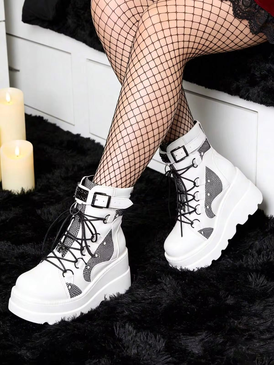 Gothic Platform Combat Boots Wedge Heel Lace Up Ankle Motorcycle Goth Rivet Buckle Fashion Women Booties Shoes